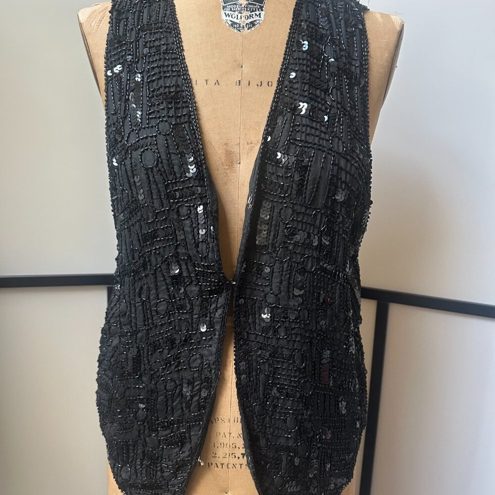 Vintage NOS Rachna Sequin Embellished Glam Black Women's Fashion Vest - Large